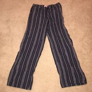 Navy blue and white striped wide leg linen pants